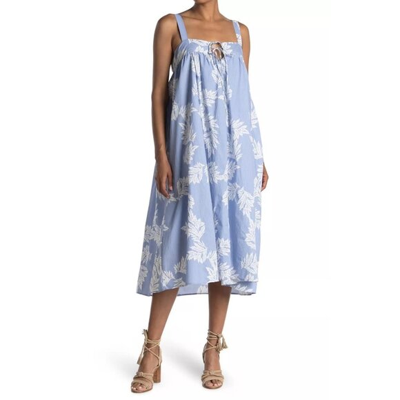 Stitch Drop Blue Floral Tie Front Cotton Midi Dress Medium - Picture 1 of 8